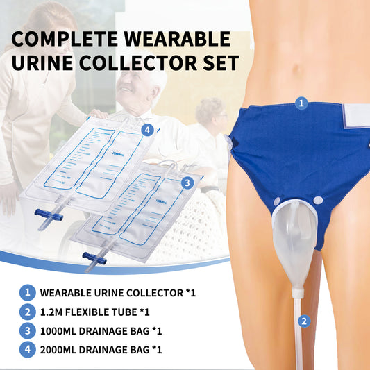 Wearable External Urine Collector for Men, Silicone Urine Pouch & Breathable Fix Pants, 1000ml/2000ml Urinary Bag with 1.2m Drainage Tube