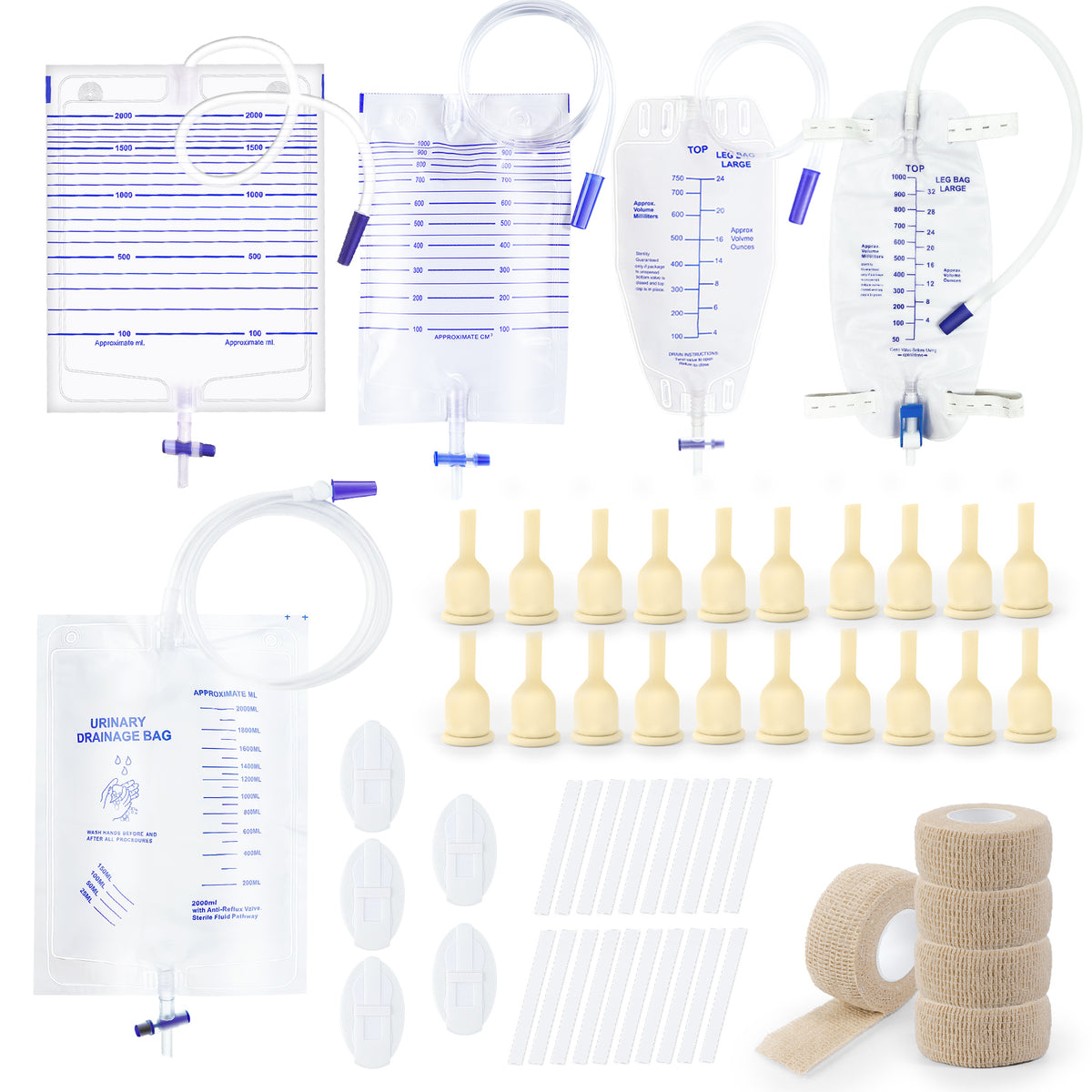 Male External Condom Catheter Kit with Drainage Bags & Leg Bags – Complete Urinary Collection System with Adhesive Strips & Stabilizers (25mm / 30mm / 35mm / 40mm)