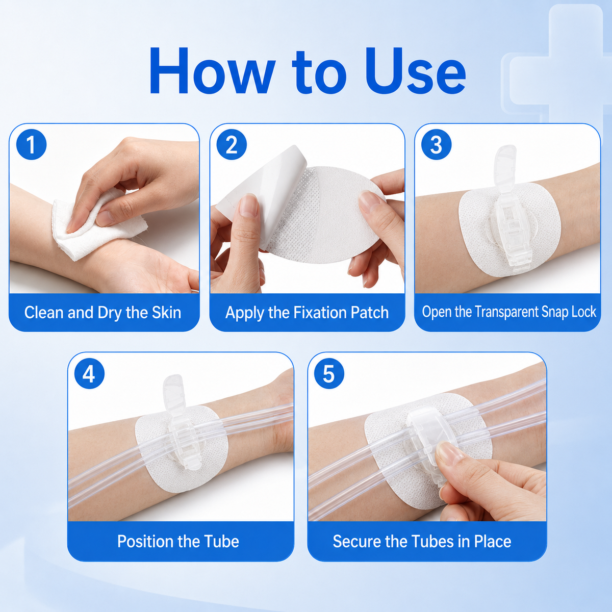 Tube Fixation Patches with Dual Channel Clips on 360 Degree Rotating Bases, Breathable Nonwoven Pads with Acrylic Adhesive for Daily Wear, 3 Pack