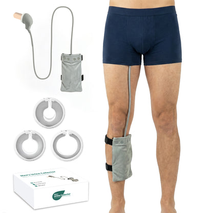 Wearable Urine Collector for Men Standing Use with Silicone Funnel in S M L Sizes, External Urine Collection System with 100 Disposable Bags, 100 Absorbent Packs, Velvet Storage Pouch with Leg Strap