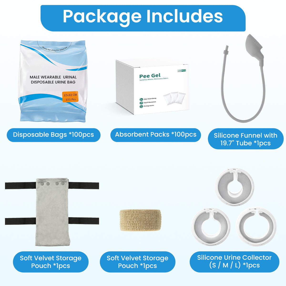 Wearable Urine Collector for Men Standing Use with Silicone Funnel in S M L Sizes, External Urine Collection System with 100 Disposable Bags, 100 Absorbent Packs, Velvet Storage Pouch with Leg Strap