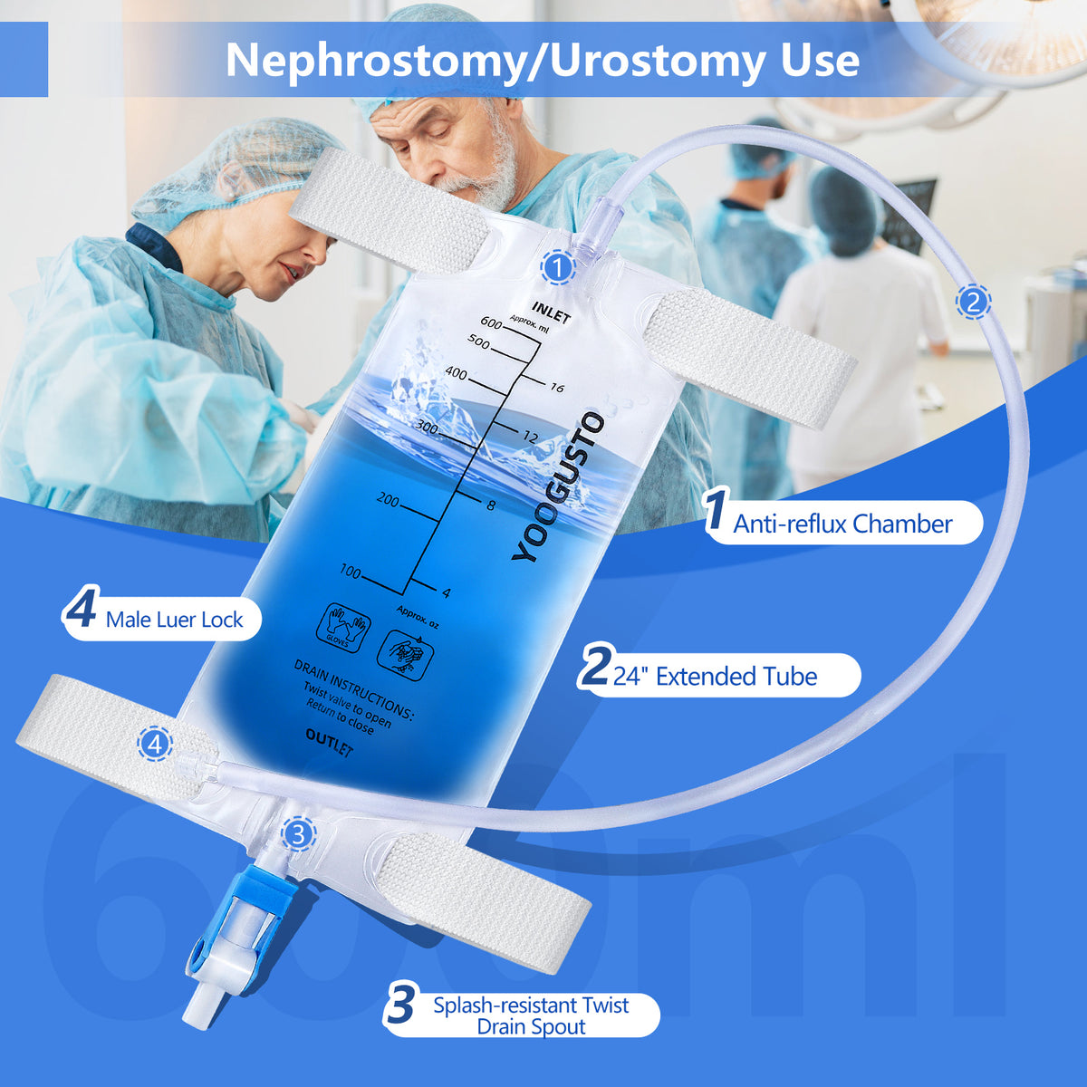 Nephrostomy Urine Drainage Bags (600ml) – Transparent Leg Bag with 24" Kink-Resistant Tube, Twist Drain Valve & Adjustable Soft Straps