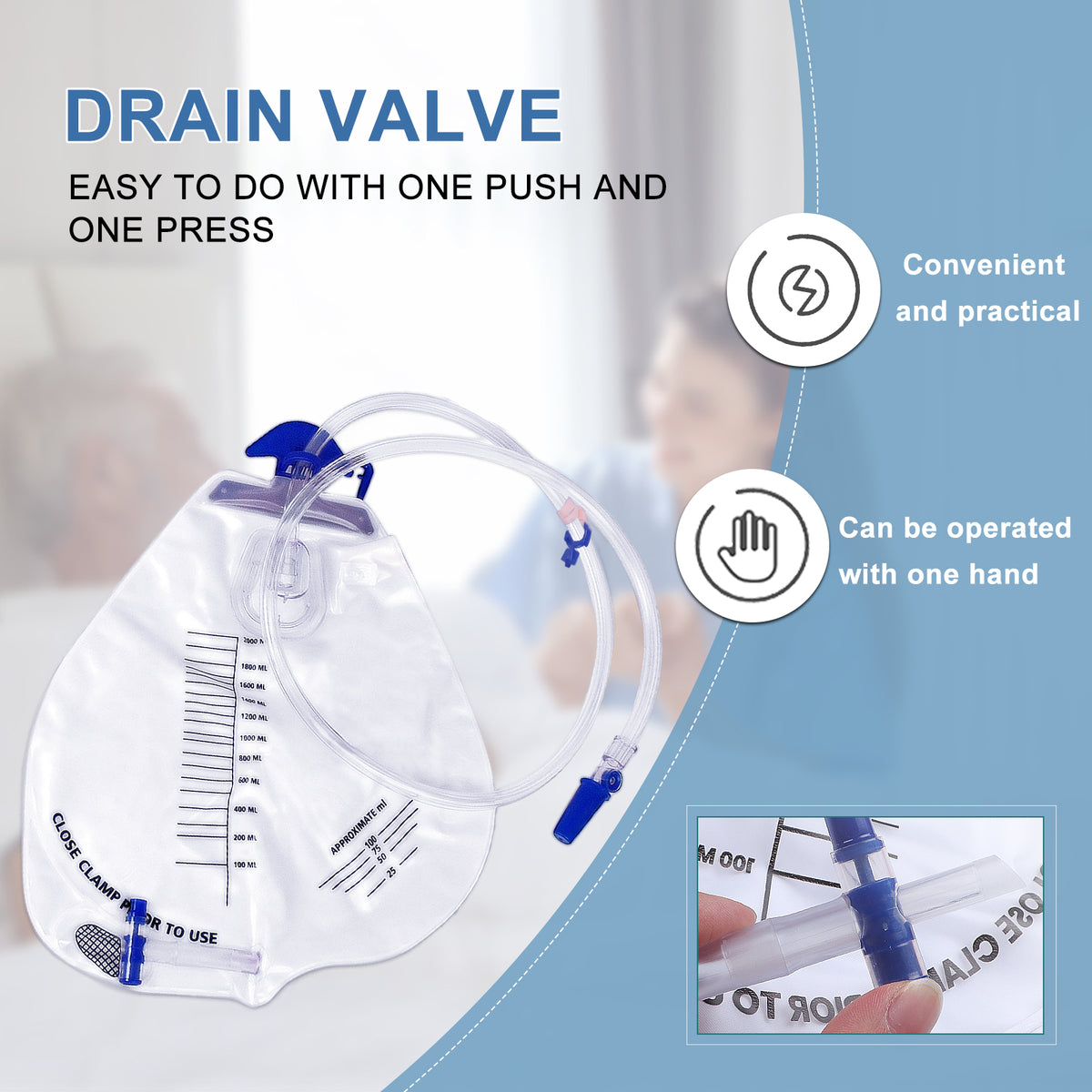5 Pack 2000ml Urinary Drainage Catheter Bags with Anti-Reflux Chamber, 48" Flexible Kink-Resistant Tube, Leak-Proof Catheter Bags with Clips, Hanging Hook, and Clear Scale Design
