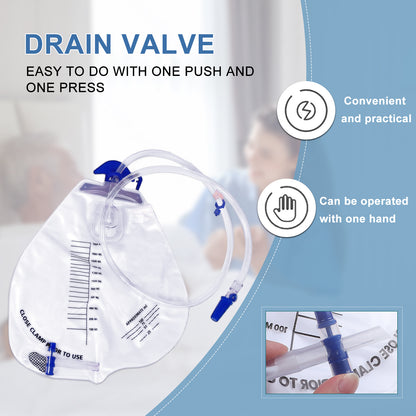 5 Pack 2000ml Urinary Drainage Catheter Bags with Anti-Reflux Chamber, 48" Flexible Kink-Resistant Tube, Leak-Proof Catheter Bags with Clips, Hanging Hook, and Clear Scale Design
