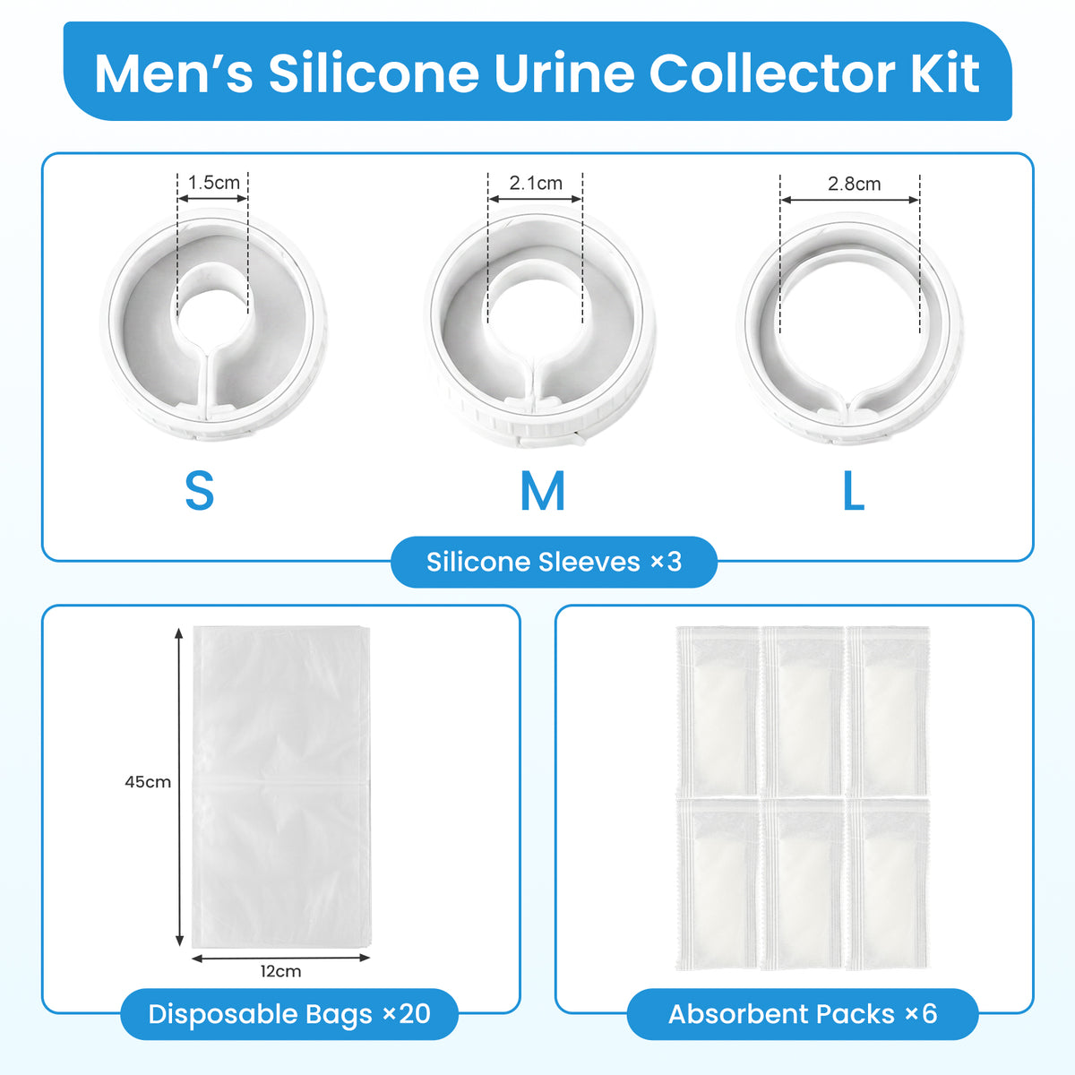 External Catheters for Men, Wearable Urine Collector with Soft Silicone Sleeves S M L, Portable Urine Collection System with 20 Disposable Bags and 6 Absorbent Packs for Nighttime and Rest