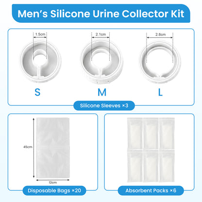 External Catheters for Men, Wearable Urine Collector with Soft Silicone Sleeves S M L, Portable Urine Collection System with 20 Disposable Bags and 6 Absorbent Packs for Nighttime and Rest