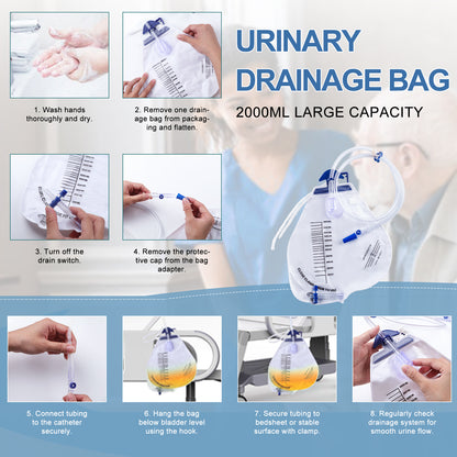 5 Pack 2000ml Urinary Drainage Catheter Bags with Anti-Reflux Chamber, 48" Flexible Kink-Resistant Tube, Leak-Proof Catheter Bags with Clips, Hanging Hook, and Clear Scale Design