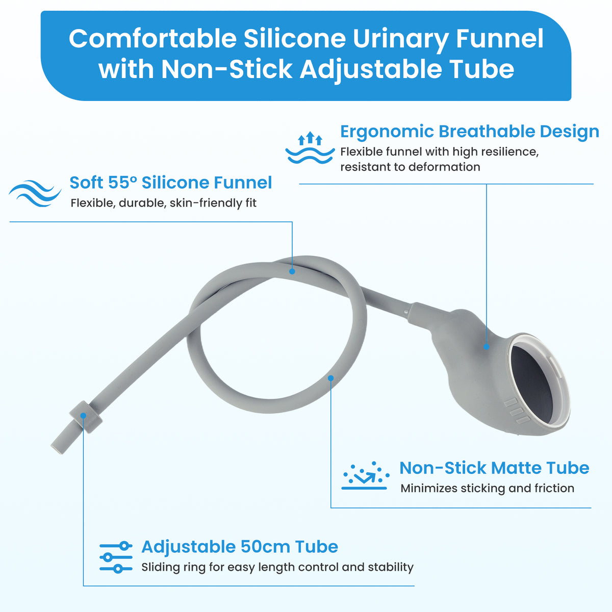 Wearable Urine Collector for Men Standing Use with Silicone Funnel in S M L Sizes, External Urine Collection System with 100 Disposable Bags, 100 Absorbent Packs, Velvet Storage Pouch with Leg Strap