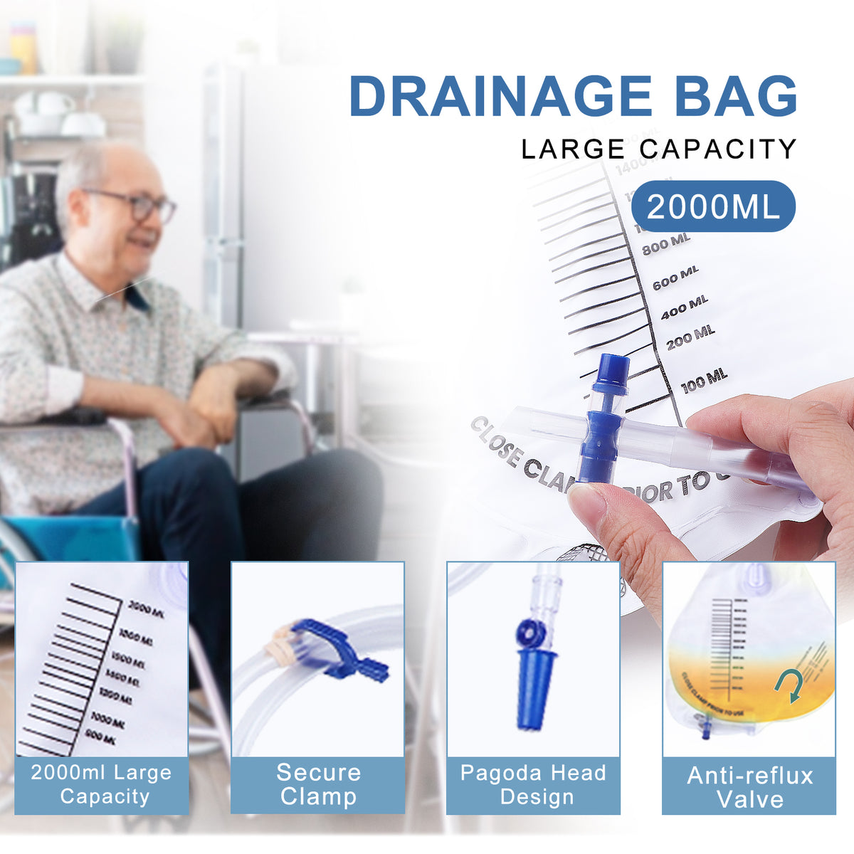 5 Pack 2000ml Urinary Drainage Catheter Bags with Anti-Reflux Chamber, 48" Flexible Kink-Resistant Tube, Leak-Proof Catheter Bags with Clips, Hanging Hook, and Clear Scale Design