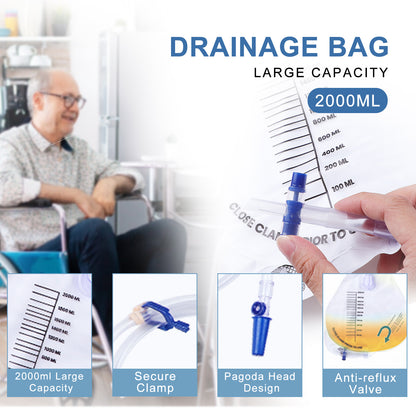 5 Pack 2000ml Urinary Drainage Catheter Bags with Anti-Reflux Chamber, 48" Flexible Kink-Resistant Tube, Leak-Proof Catheter Bags with Clips, Hanging Hook, and Clear Scale Design