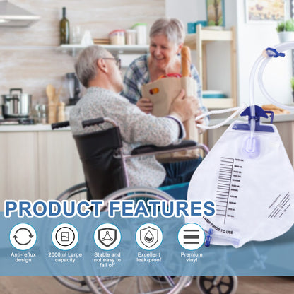 5 Pack 2000ml Urinary Drainage Catheter Bags with Anti-Reflux Chamber, 48" Flexible Kink-Resistant Tube, Leak-Proof Catheter Bags with Clips, Hanging Hook, and Clear Scale Design