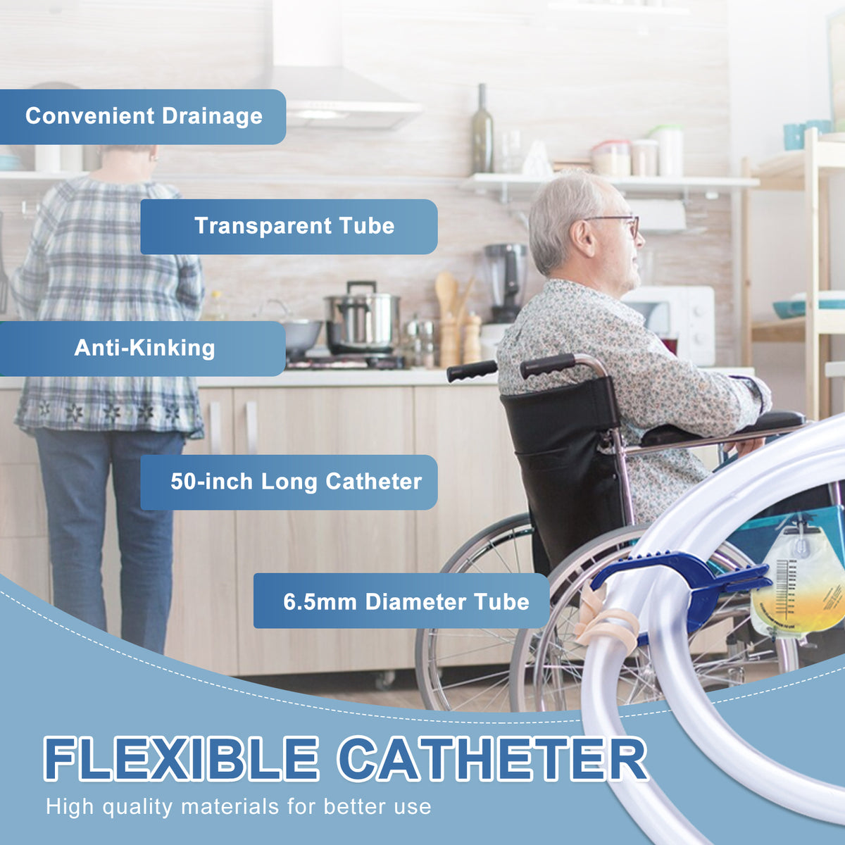 5 Pack 2000ml Urinary Drainage Catheter Bags with Anti-Reflux Chamber, 48" Flexible Kink-Resistant Tube, Leak-Proof Catheter Bags with Clips, Hanging Hook, and Clear Scale Design