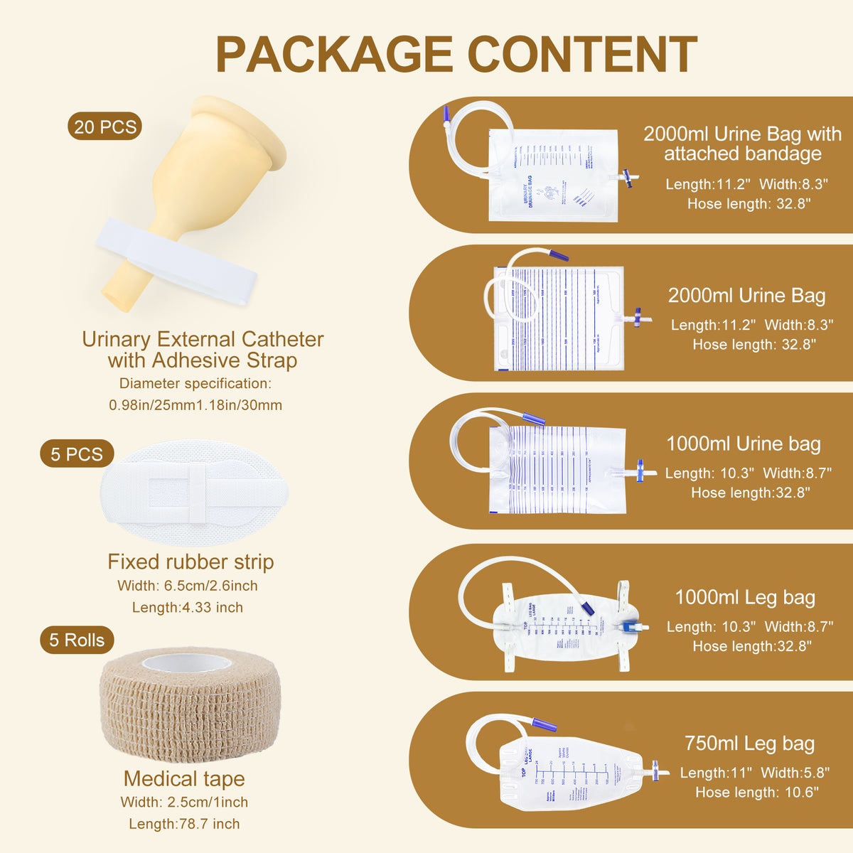 Male External Condom Catheter Kit with Drainage Bags & Leg Bags – Complete Urinary Collection System with Adhesive Strips & Stabilizers (25mm / 30mm / 35mm / 40mm)