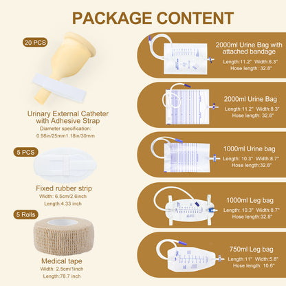 Male External Condom Catheter Kit with Drainage Bags & Leg Bags – Complete Urinary Collection System with Adhesive Strips & Stabilizers (25mm / 30mm / 35mm / 40mm)
