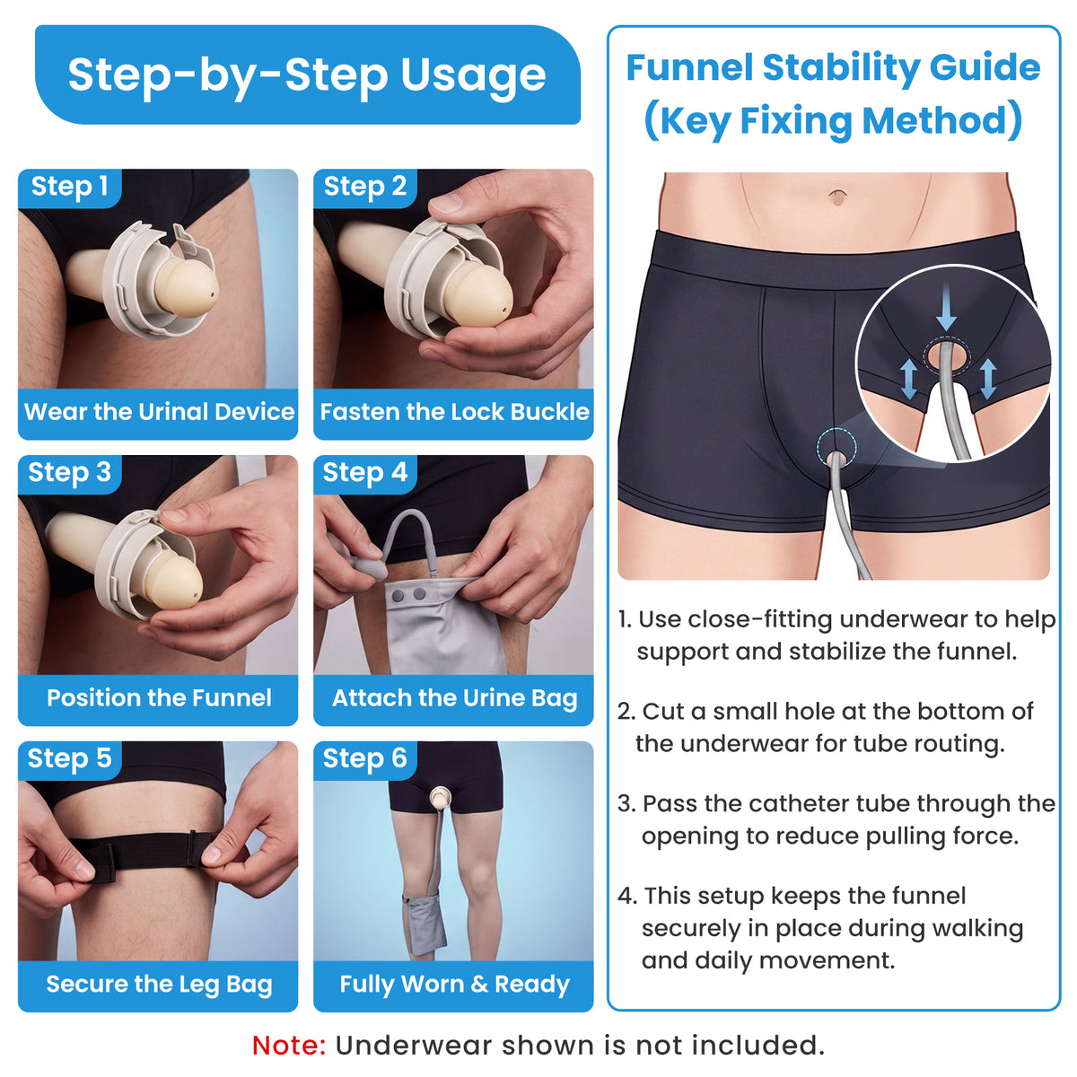 Wearable Urine Collector for Men Standing Use with Silicone Funnel in S M L Sizes, External Urine Collection System with 100 Disposable Bags, 100 Absorbent Packs, Velvet Storage Pouch with Leg Strap