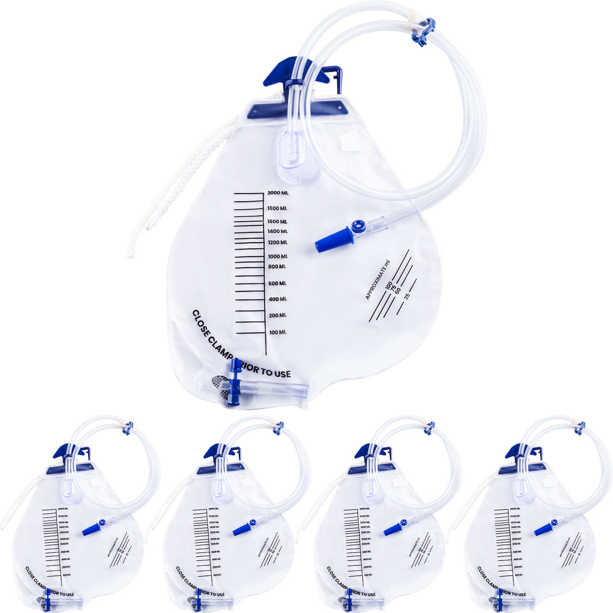 5 Pack 2000ml Urinary Drainage Catheter Bags with Anti-Reflux Chamber, 48" Flexible Kink-Resistant Tube, Leak-Proof Catheter Bags with Clips, Hanging Hook, and Clear Scale Design