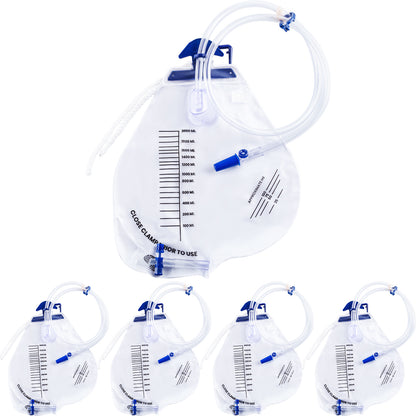 5 Pack 2000ml Urinary Drainage Catheter Bags with Anti-Reflux Chamber, 48" Flexible Kink-Resistant Tube, Leak-Proof Catheter Bags with Clips, Hanging Hook, and Clear Scale Design